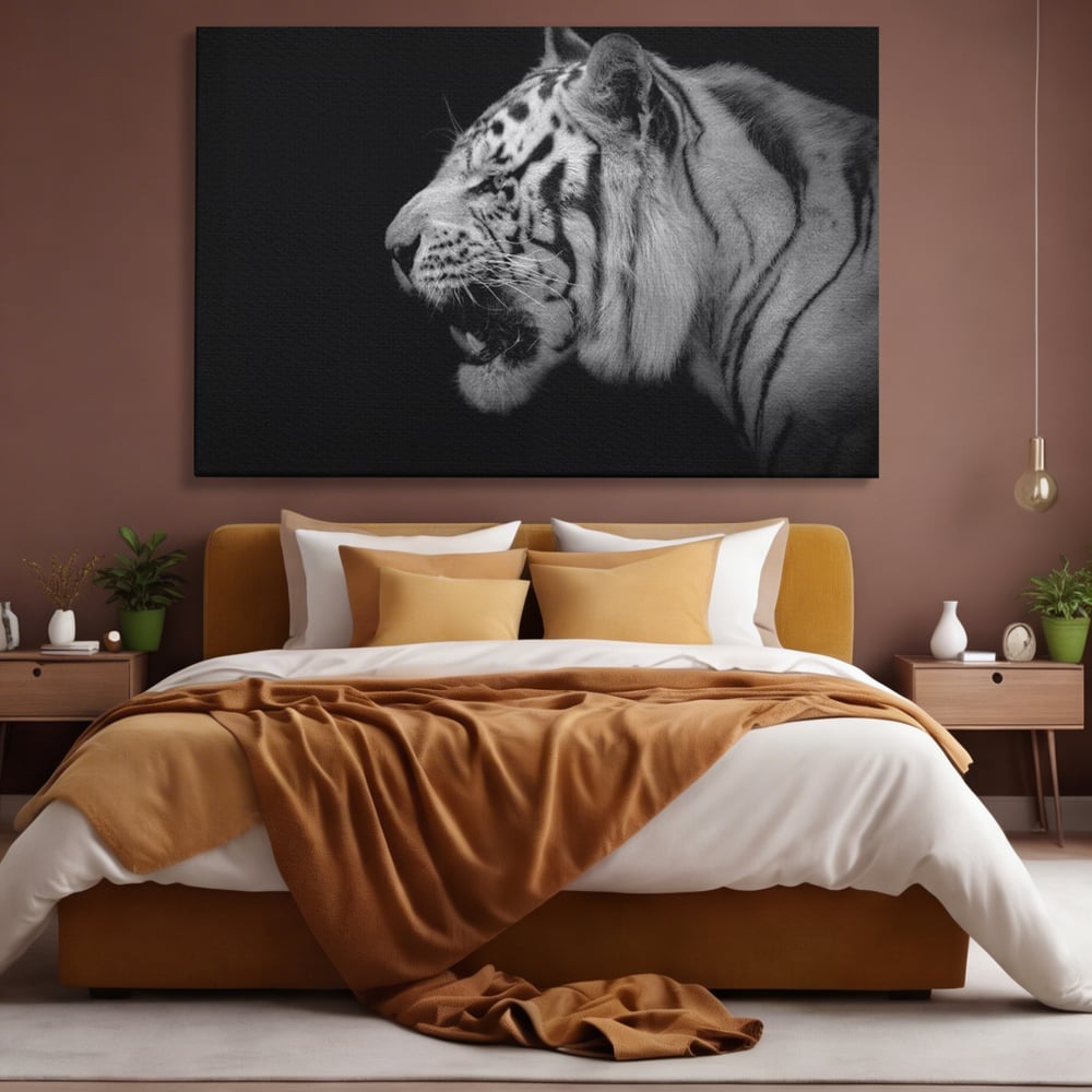 Tablou canvas cu tablou canvas cu tigru alb-negru, fara rama, pe sasiu de lemn, pe perete intr-un dormitor